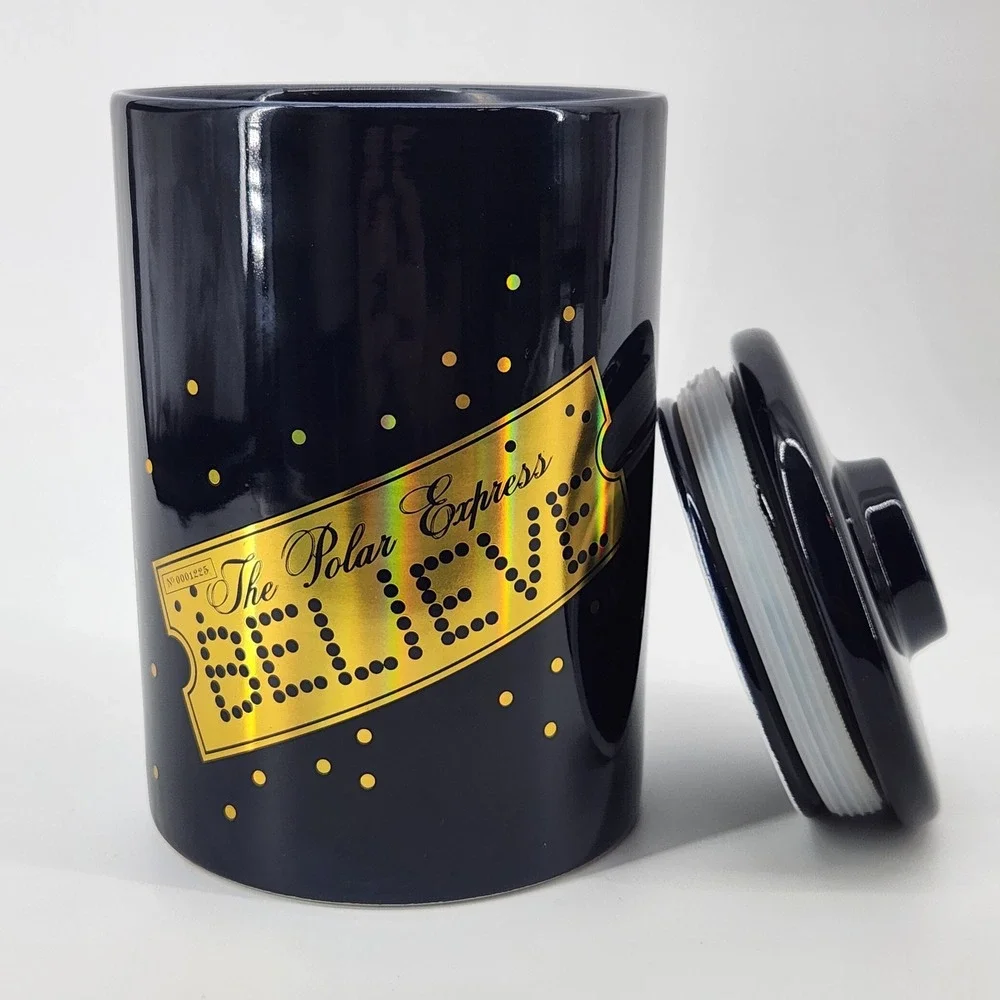 The Polar Express Believe‎ Ceramic Canister Navy Gold Ticket Zrike Brands 7.5in